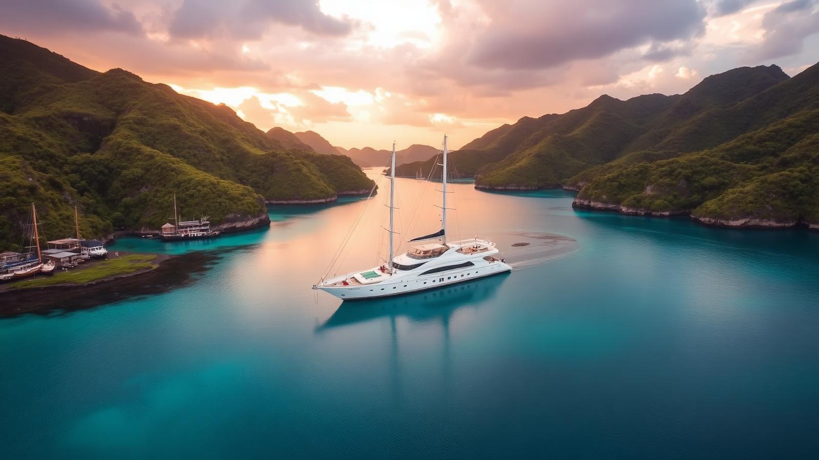Aerial view of a luxury phinisi yacht anchored in a calm turquoise bay surrounded by green Komodo hills at golden hour