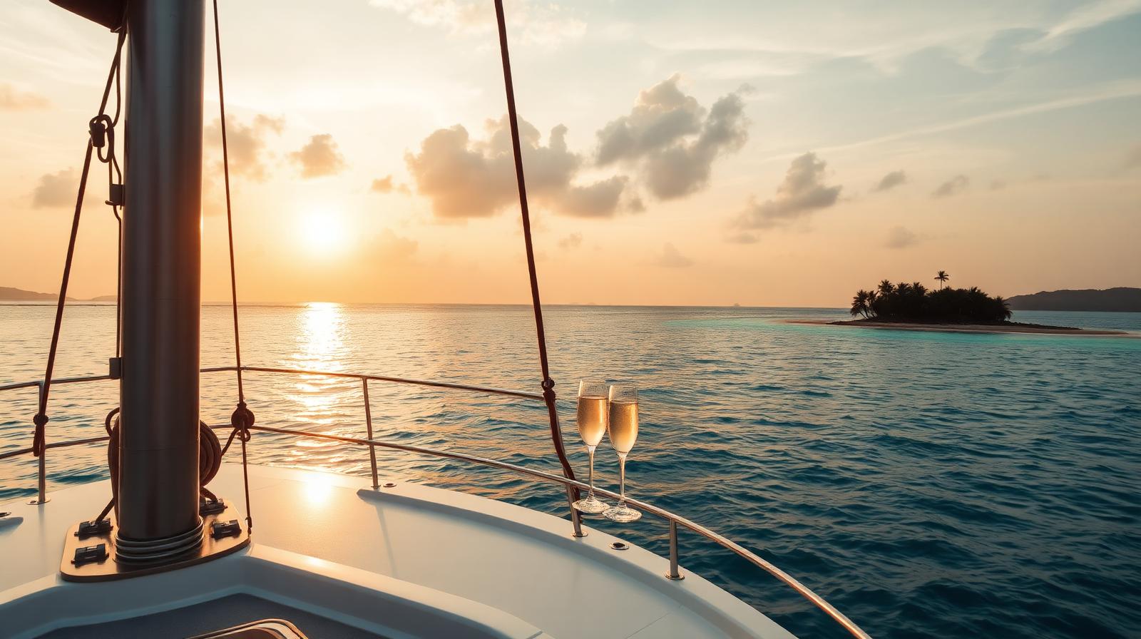 Two champagne glasses on the bow of a luxury phinisi at sunset in a secluded Indonesian bay