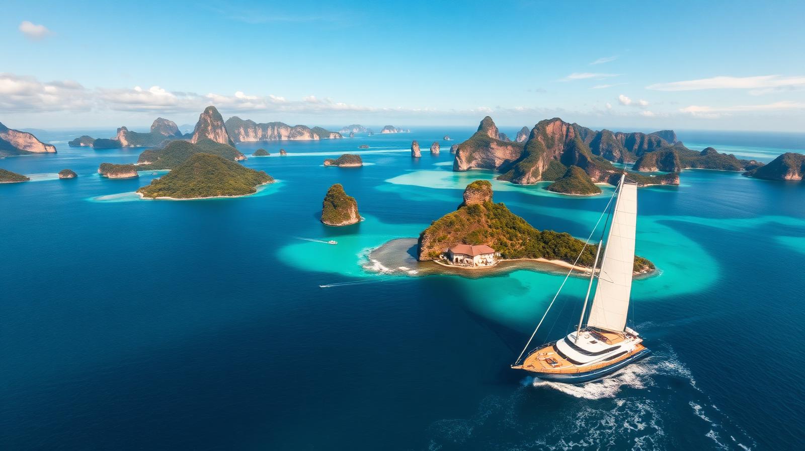 Aerial view of a luxury phinisi cruising between Indonesian island groups — itinerary planning visual