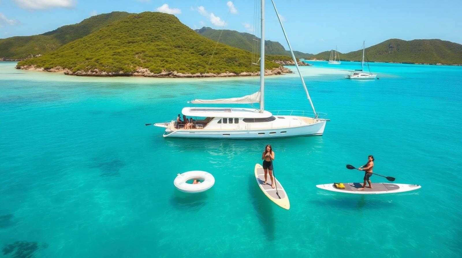 Family-friendly luxury yacht with paddleboards in calm turquoise lagoon near Komodo, family yacht charter scene