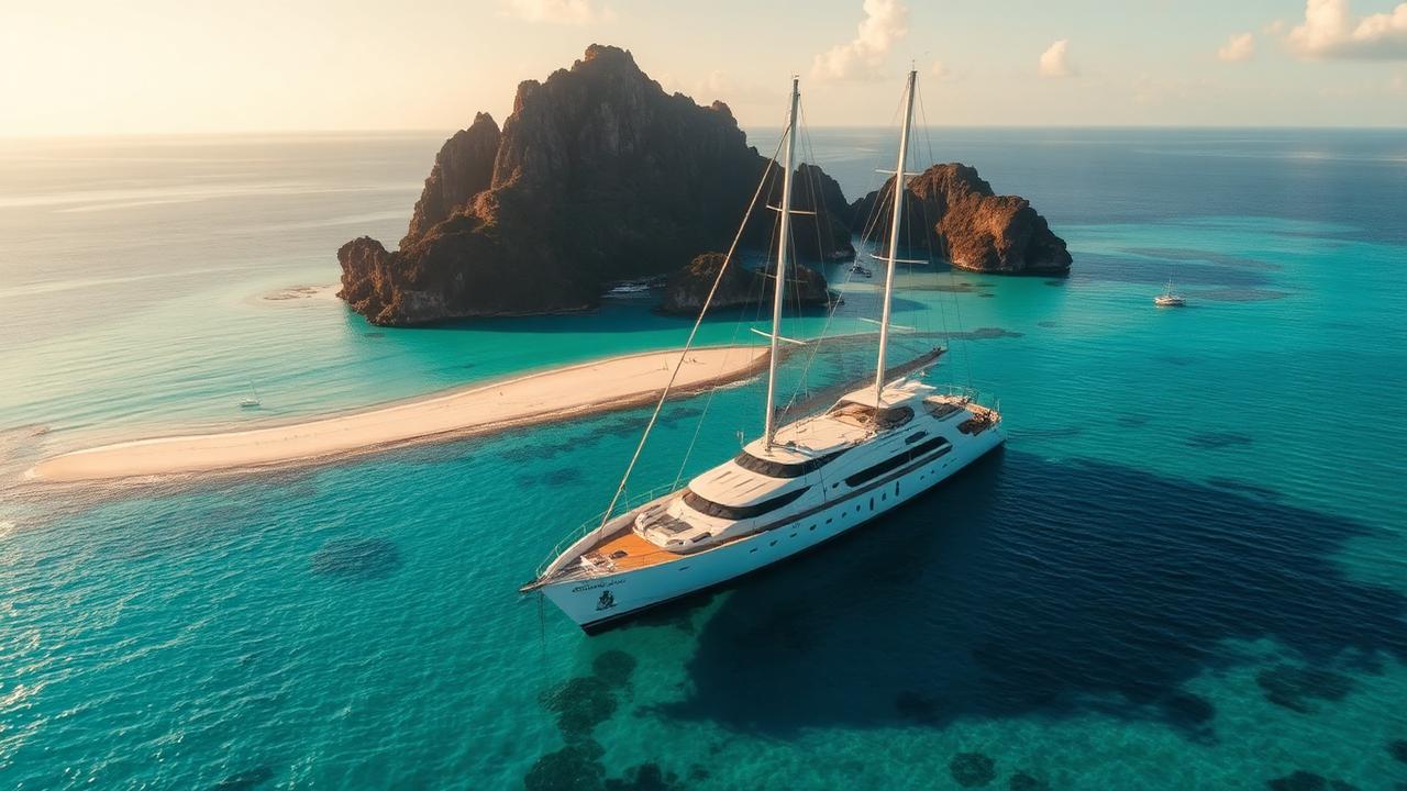 Private Yacht Charter Komodo July 2026: Availability, Routes & Pricing Luxury phinisi yacht anchored near Padar Island in Komodo National Park during July dry season