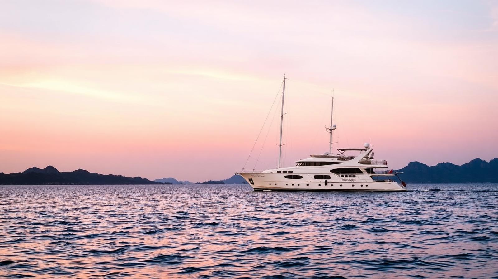 Luxury motor yacht departing Labuan Bajo at sunrise — last-minute Indonesia yacht charter availability