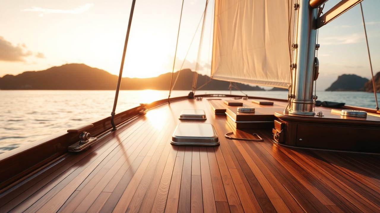 Close-up of luxury phinisi yacht teak deck with brass fittings and white sail at golden hour, Indonesia