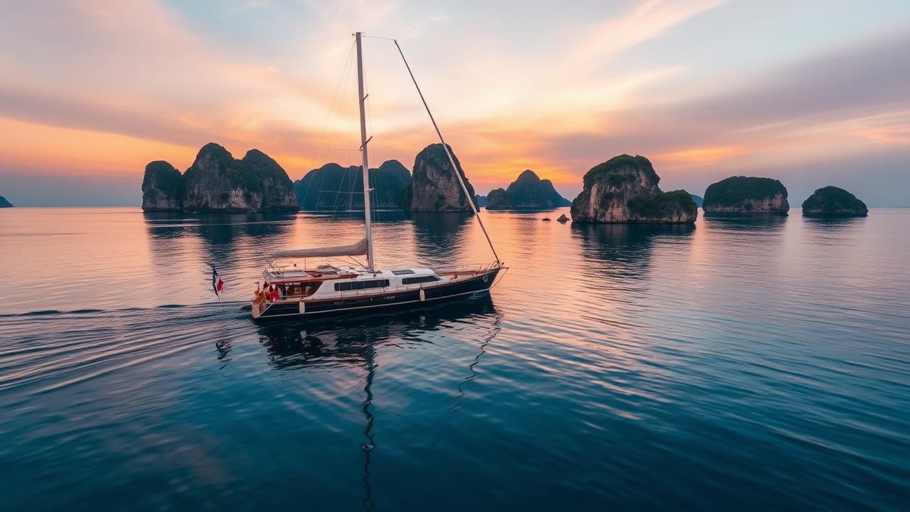 Luxury phinisi liveaboard yacht sailing through Raja Ampat karst islands at sunrise during 7-day charter