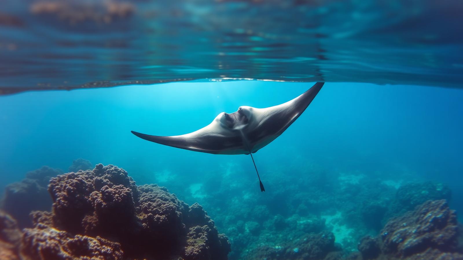 A graceful manta ray glides above a vibrant Raja Ampat coral reef in clear blue November water with sunlight piercing the surface