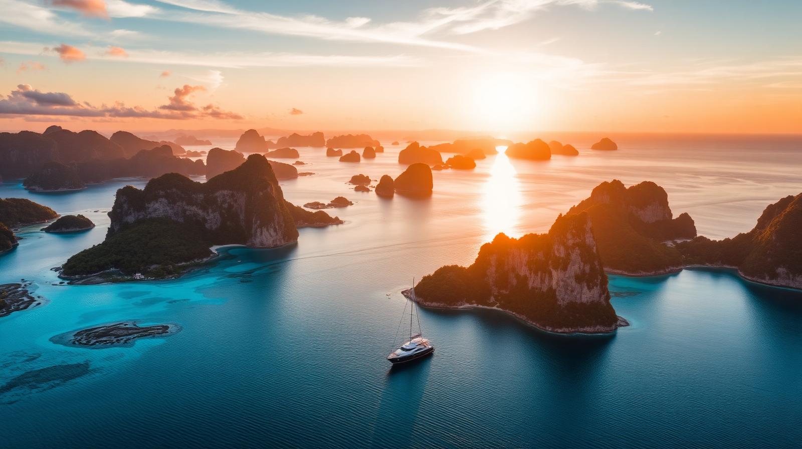 Aerial drone view of Wayag islands at sunset with a phinisi yacht anchored in turquoise lagoon, Raja Ampat photography