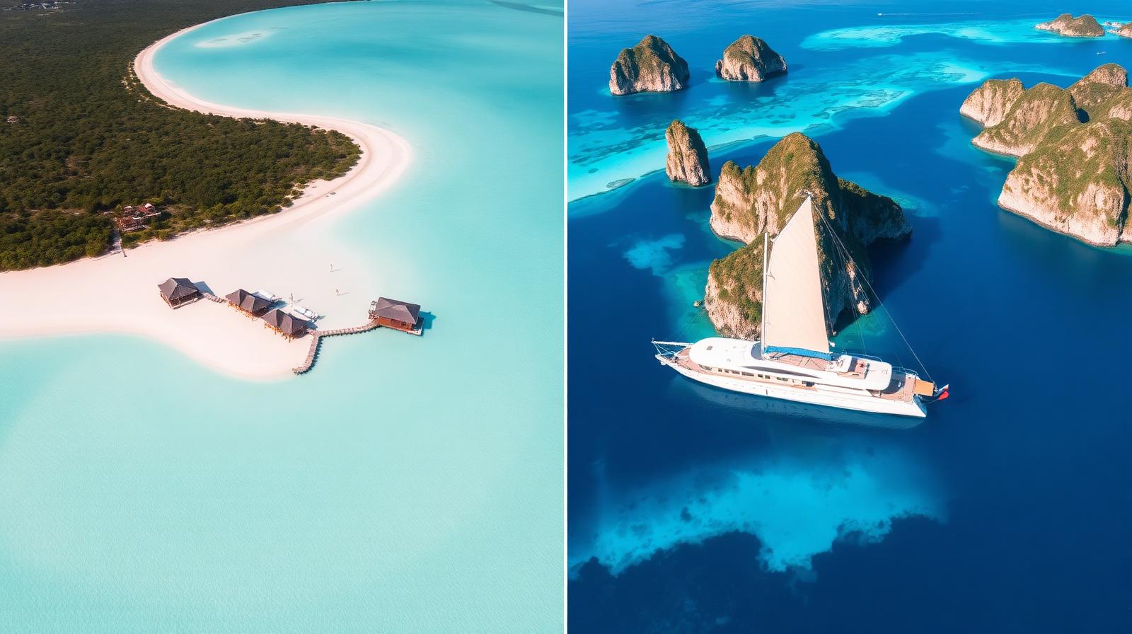 Split aerial composition of a Maldivian overwater bungalow resort and a Raja Ampat karst island with phinisi yacht