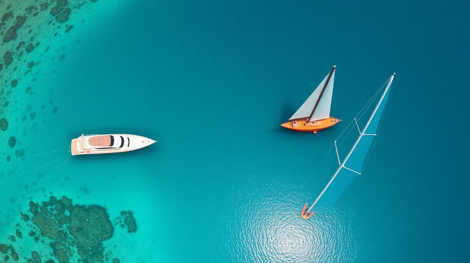Aerial view of a modern superyacht and a traditional phinisi anchored side by side in a turquoise Indonesian bay