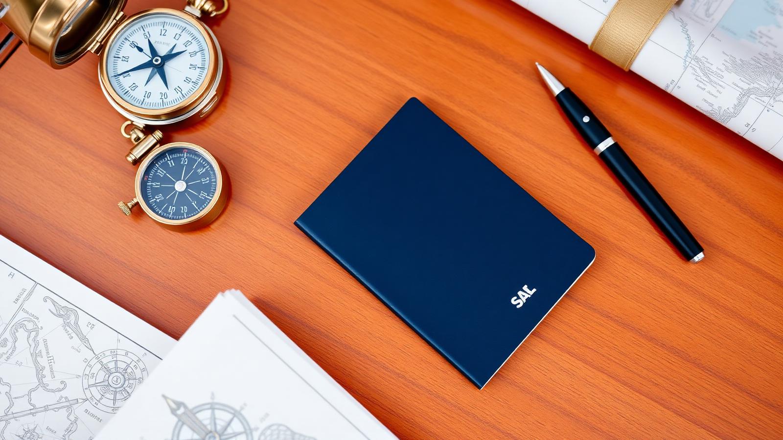 Indonesia Yacht Charter Visa & Permit Checklist for 2026 Guests Travel passport, fountain pen, brass nautical compass and folded chart laid out on a teak yacht deck table