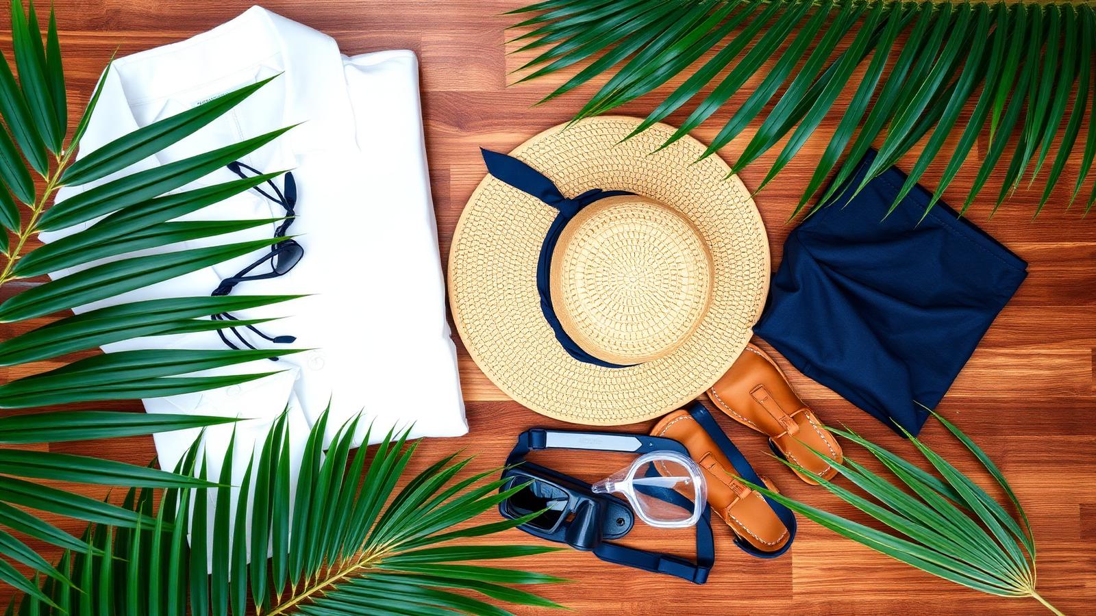 Flat-lay of luxury yacht charter resort wear: white linen shirt, straw sun hat, leather sandals, sunglasses, sarong and snorkel mask on a teak surface