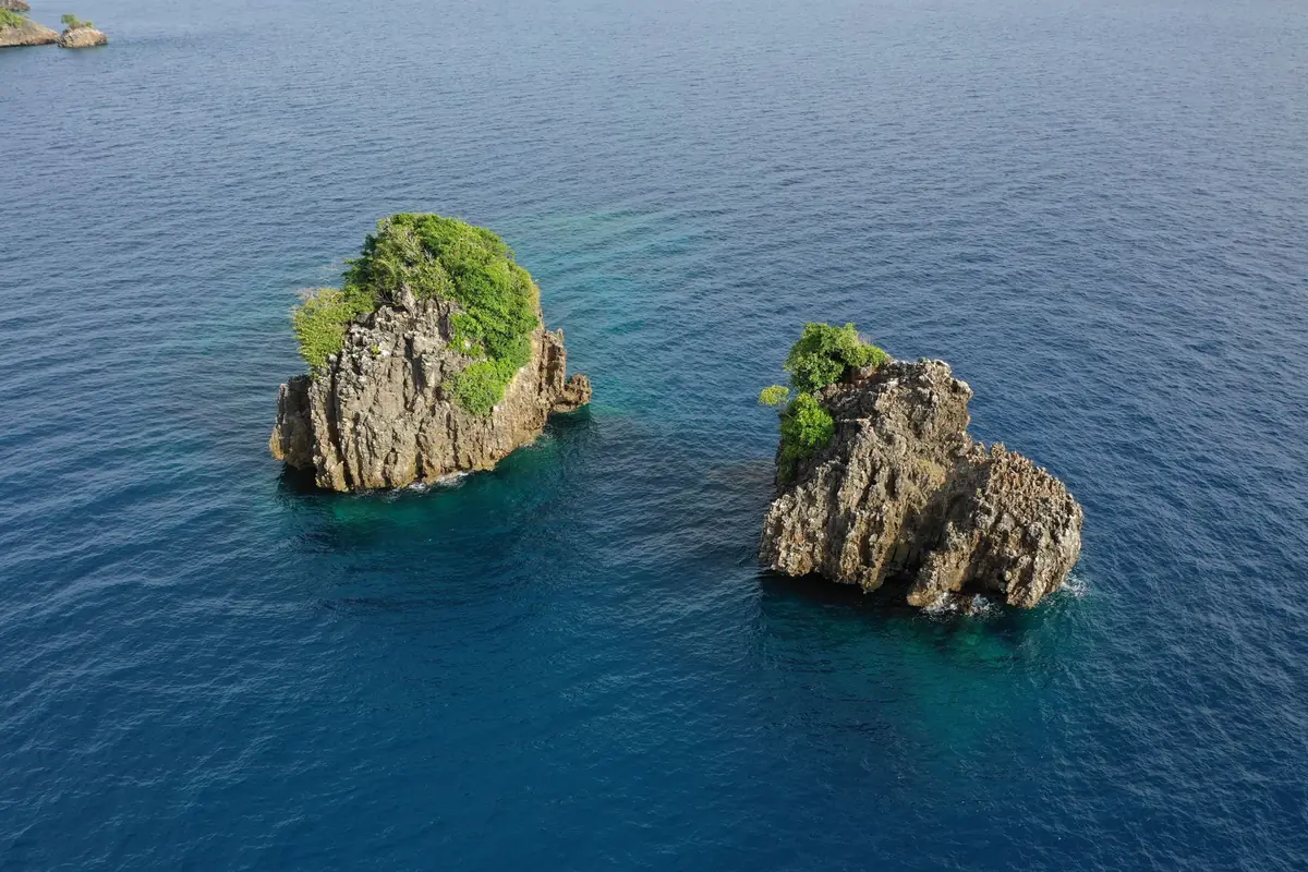 Two forested karst rock islands rising from deep blue water in Raja Ampat