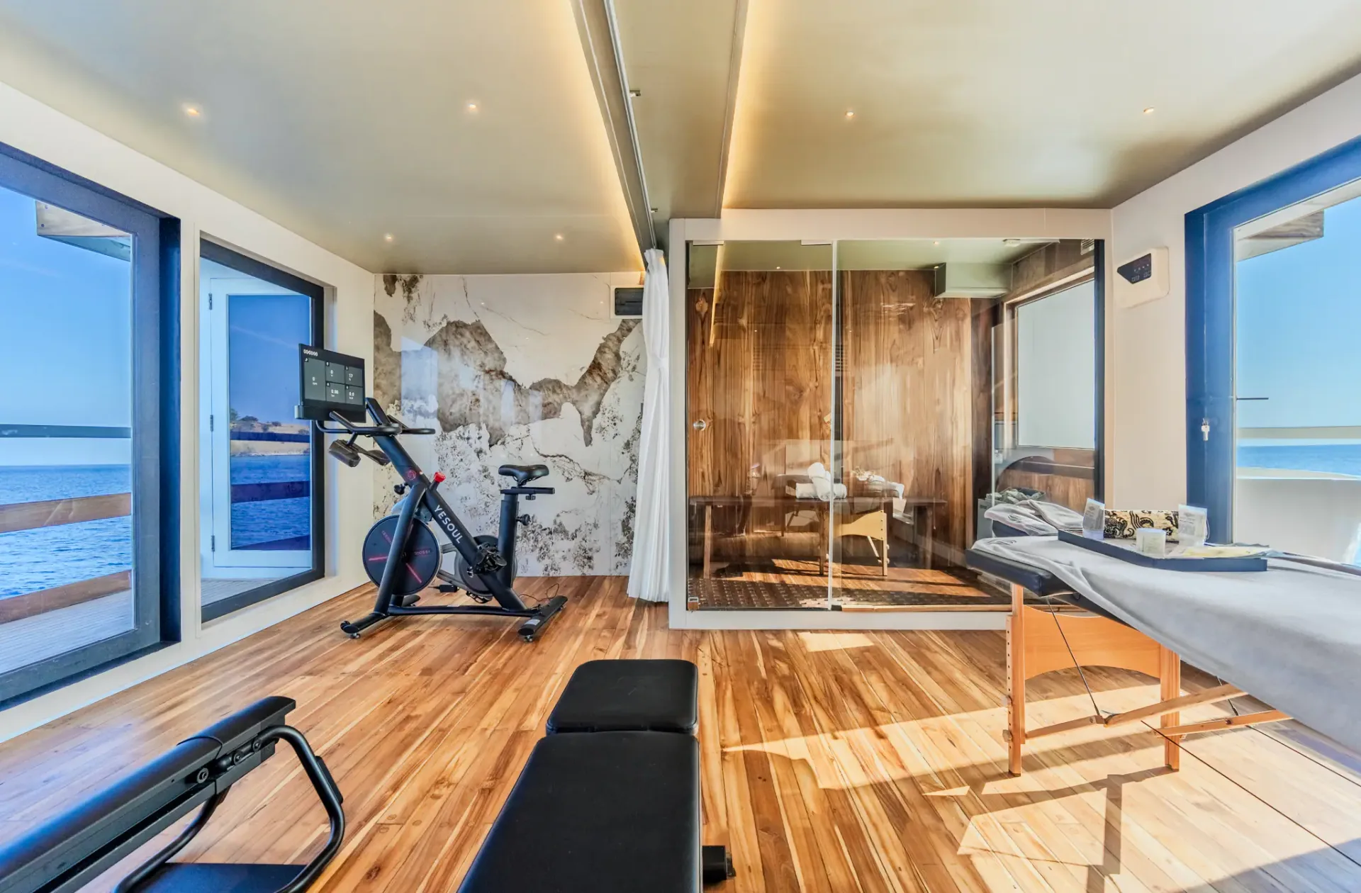 On-board gym with ocean views