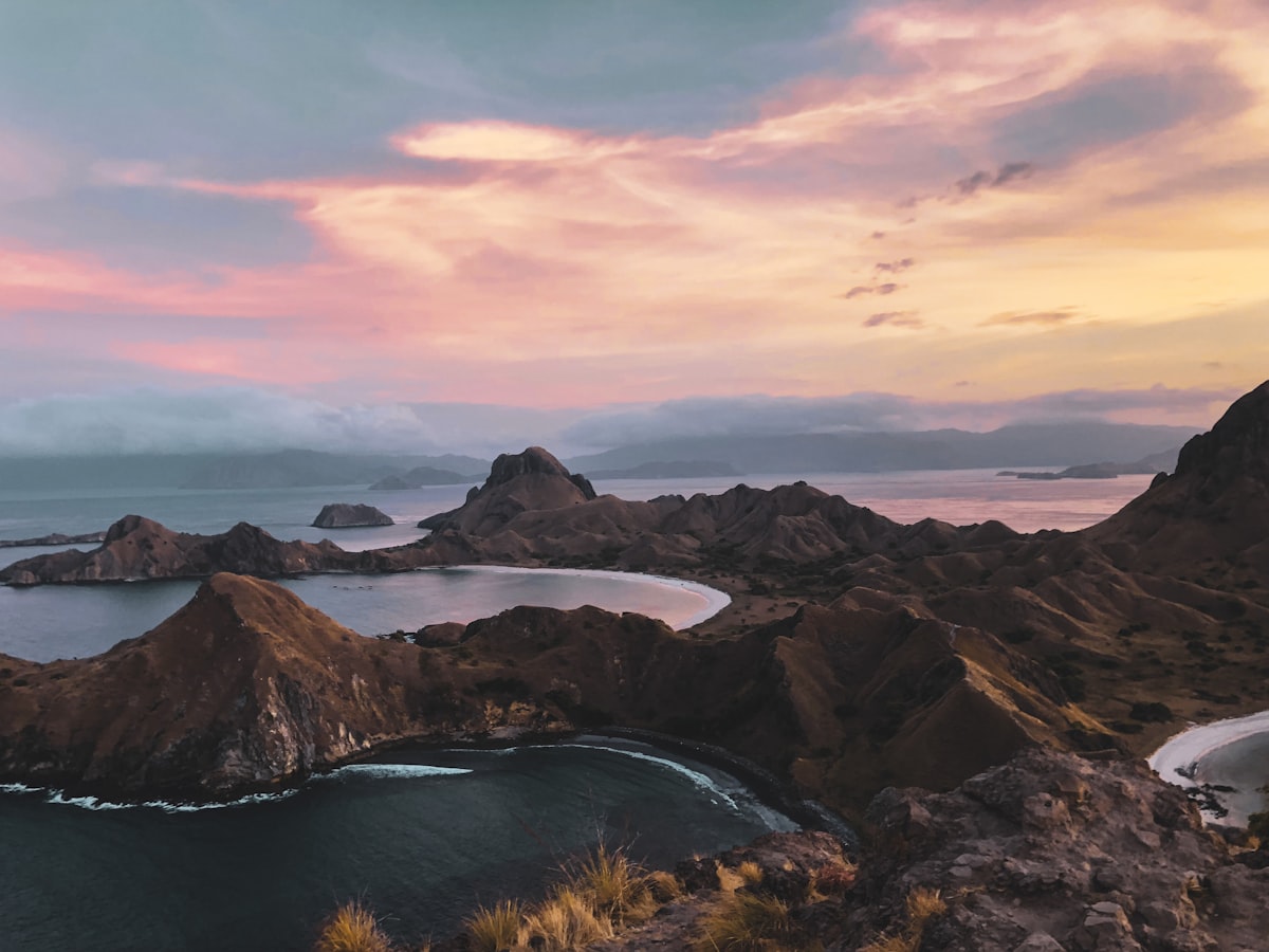 Sunset over mountains and water Labuan Bajo Flores
