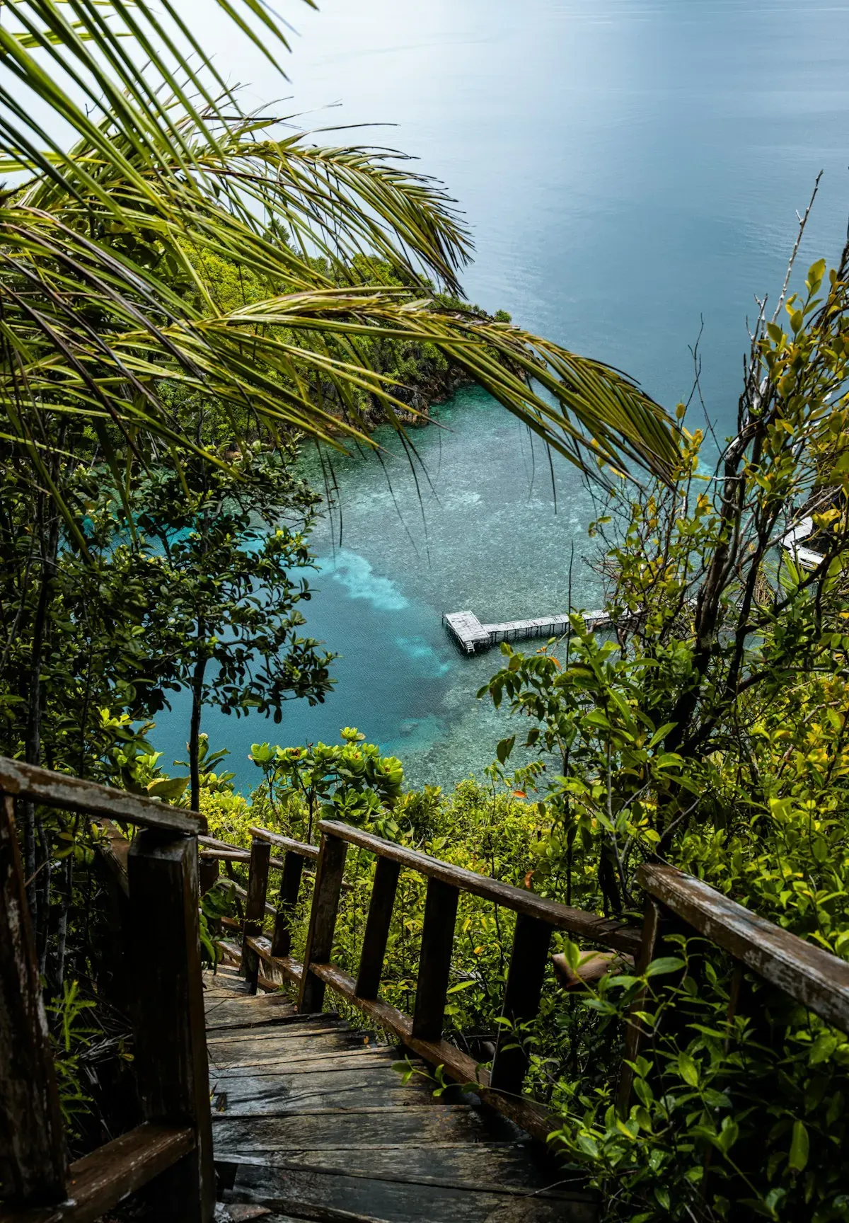 Wooden staircase to secluded beach Misool Raja Ampat