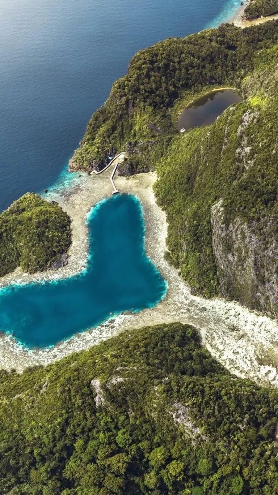 Hidden lagoon enclosed by forested limestone cliffs in Raja Ampat, Indonesia
