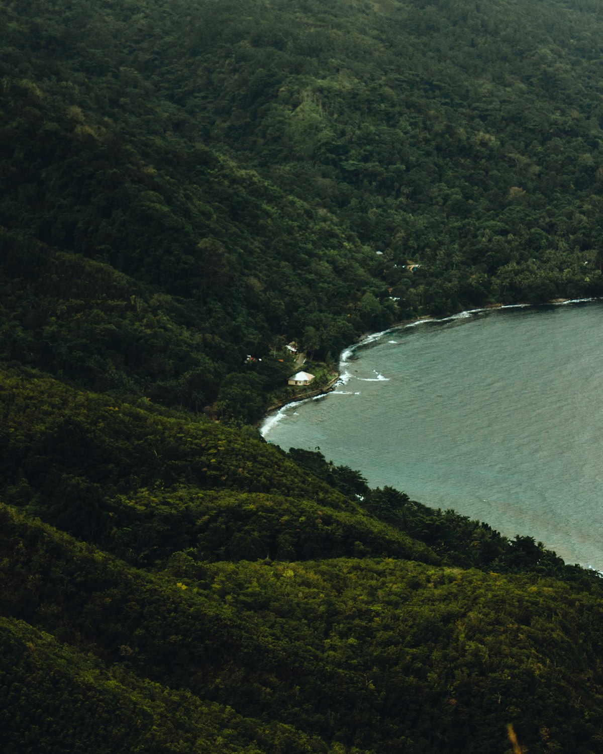 Volcanic coastline and green hills Maluku Indonesia