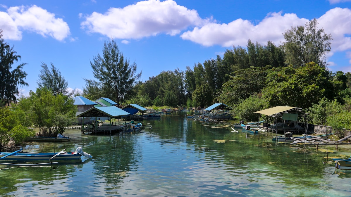 Traditional boats in Maluku harbor Spice Islands Indonesia